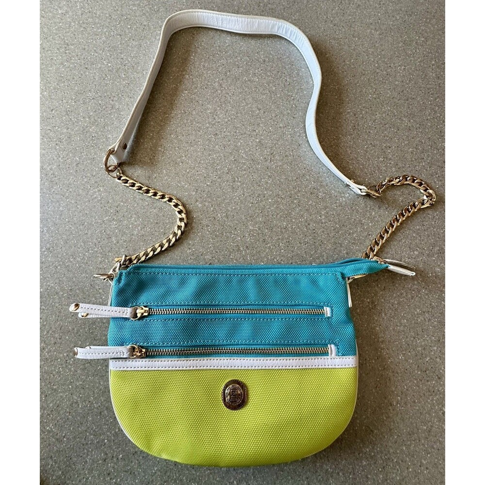 JPK PARIS 75 Teal, Lime Green and White Crossbody Bag Purse Gold Metal NWOT